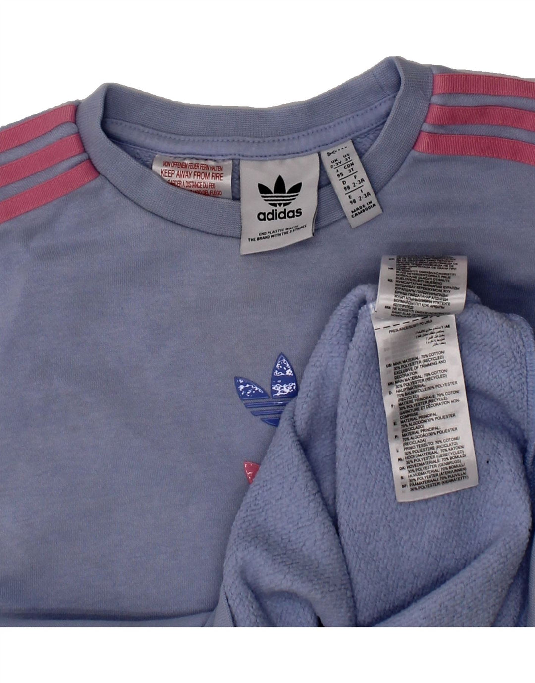 ADIDAS Girls Graphic Sweatshirt Jumper 2-3 Years Blue Cotton Vintage Adidas and Second-Hand Adidas from Messina Hembry 
