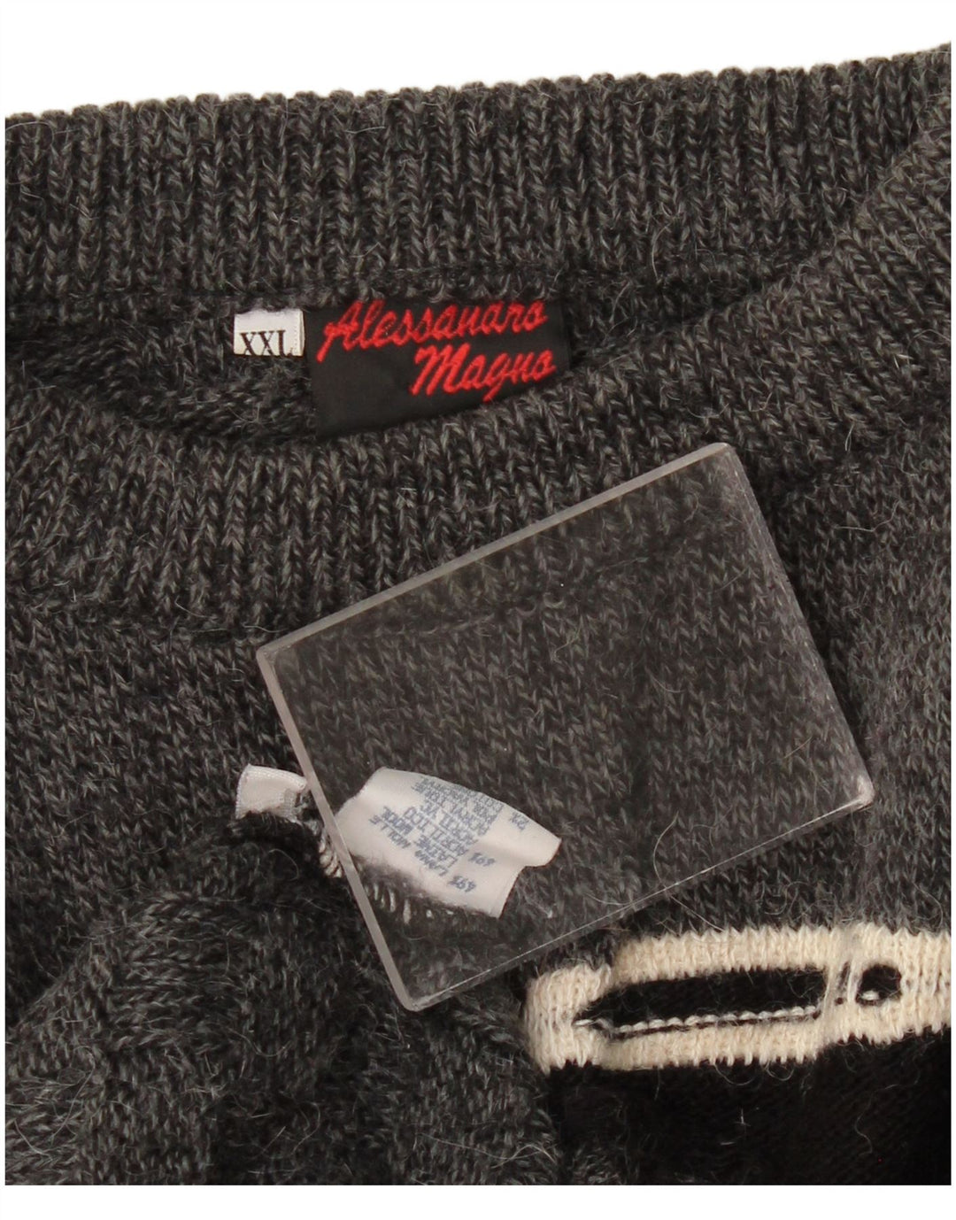 Suéter vintage masculino com gola redonda 2XL lã listrada cinza