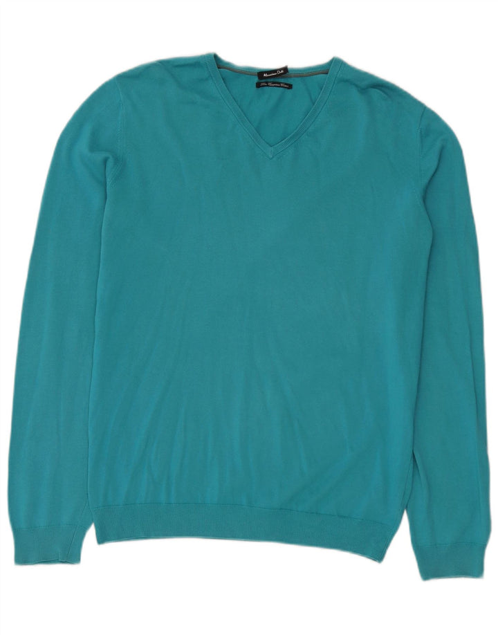 Suéter feminino Massimo Dutti com decote em V Reino Unido 14 algodão azul médio