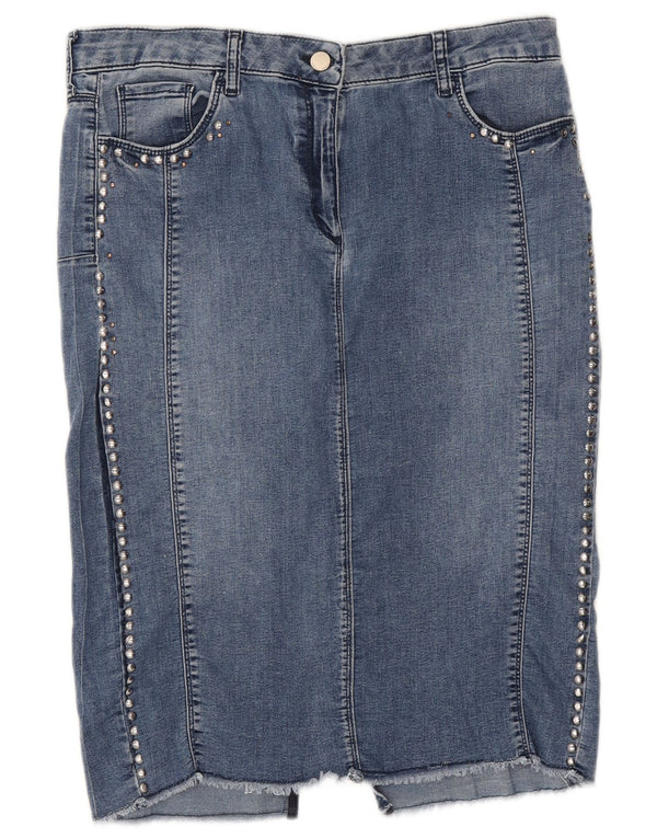 Saia jeans feminina Fiorella Rubino Reino Unido 12 médio W34 algodão azul