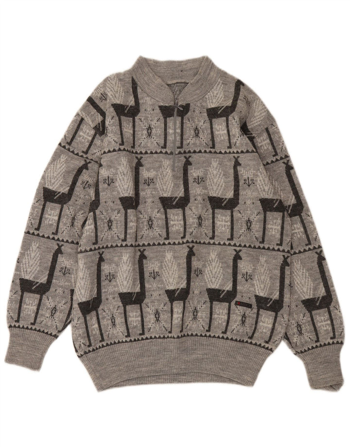 Suéter masculino VINTAGE com zíper e gola IT 52 grande cinza Fair Isle