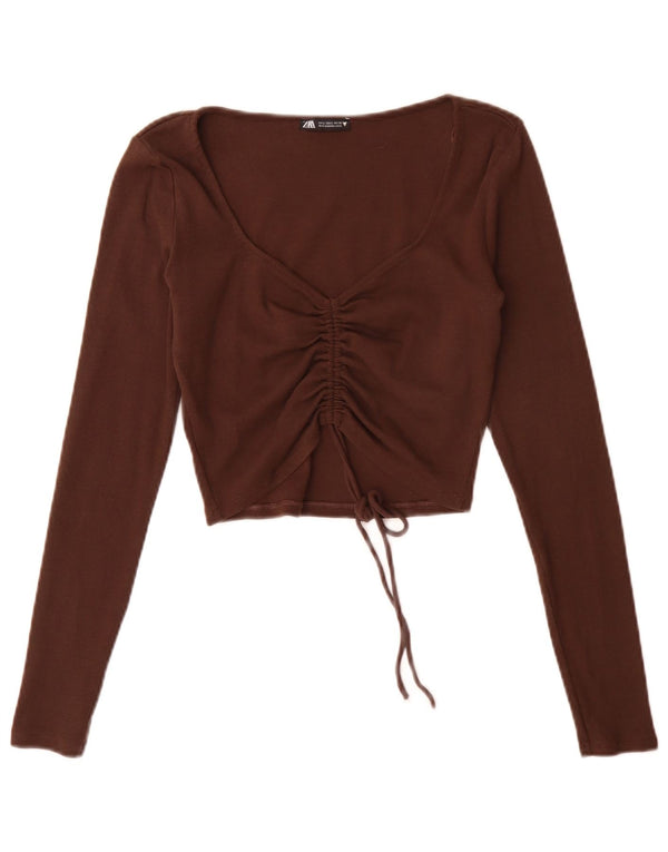 Zara Womens Long Sleeve Crop Top Reino Unido 14 Grande Marrom