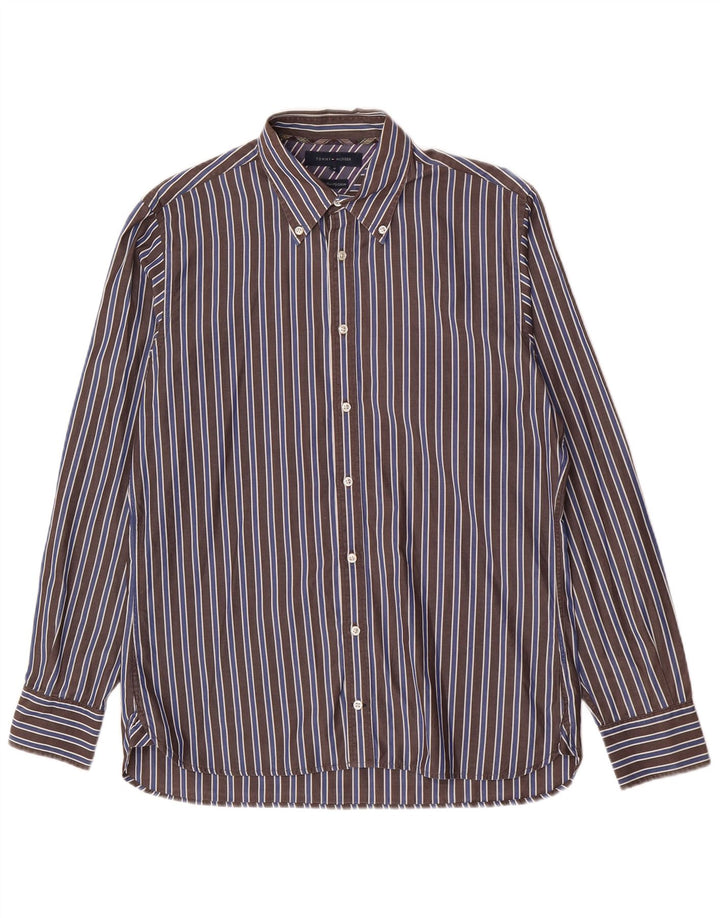 Camisa masculina Tommy Hilfiger de algodão listrado marrom médio