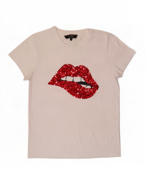 Camiseta feminina Lipsy com estampa gráfica UK 14 algodão branco médio