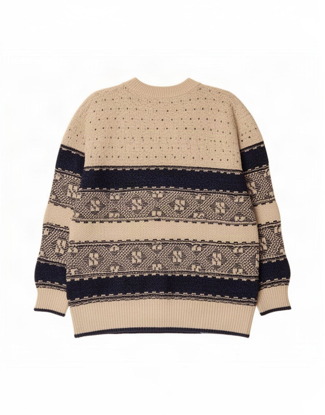 Suéter vintage masculino com gola redonda, grande bege geométrico