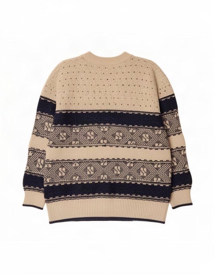 Suéter vintage masculino com gola redonda, grande bege geométrico