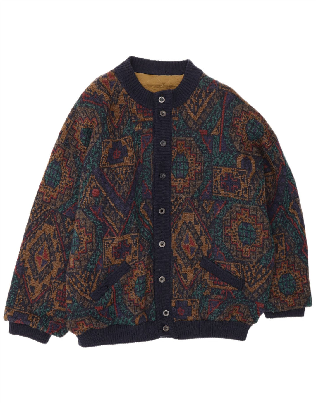 Jaqueta bomber de malha masculina vintage IT 54 2XL lã geométrica multicolorida