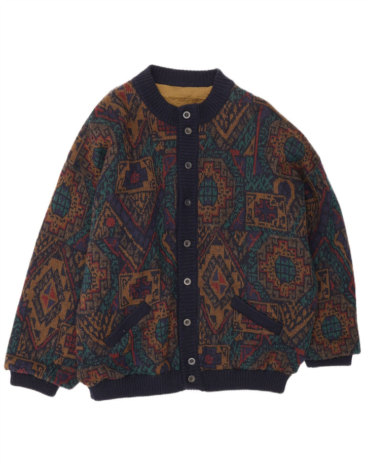 Jaqueta bomber de malha masculina vintage IT 54 2XL lã geométrica multicolorida