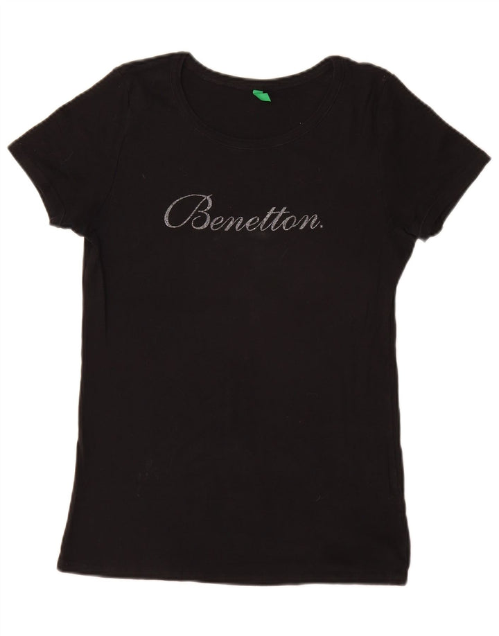 Camiseta feminina gráfica BENETTON UK 16 pequena preta