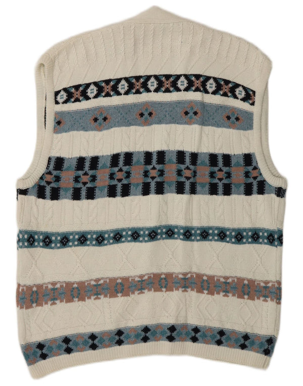 Suéter cardigã masculino sem mangas vintage grande algodão Fair Isle branco