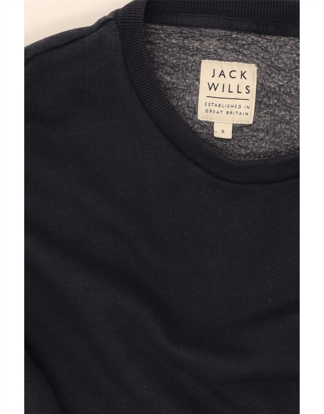 JACK WILLS Mens Graphic Sweatshirt Jumper Small Navy Blue Cotton Vintage Jack Wills and Second-Hand Jack Wills from Messina Hembry 
