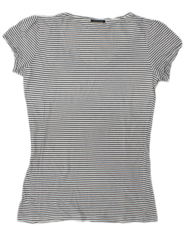 Camiseta feminina gráfica Maison Scotch tamanho superior 1 listrado branco pequeno