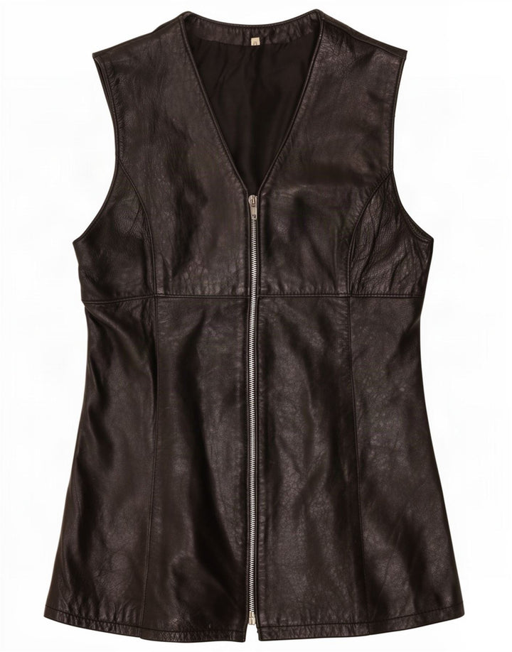 Colete de couro feminino vintage UK 12 médio preto