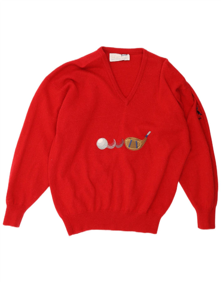 Suéter feminino PRINGLE com decote em V gráfico Reino Unido 18 XL lã vermelha