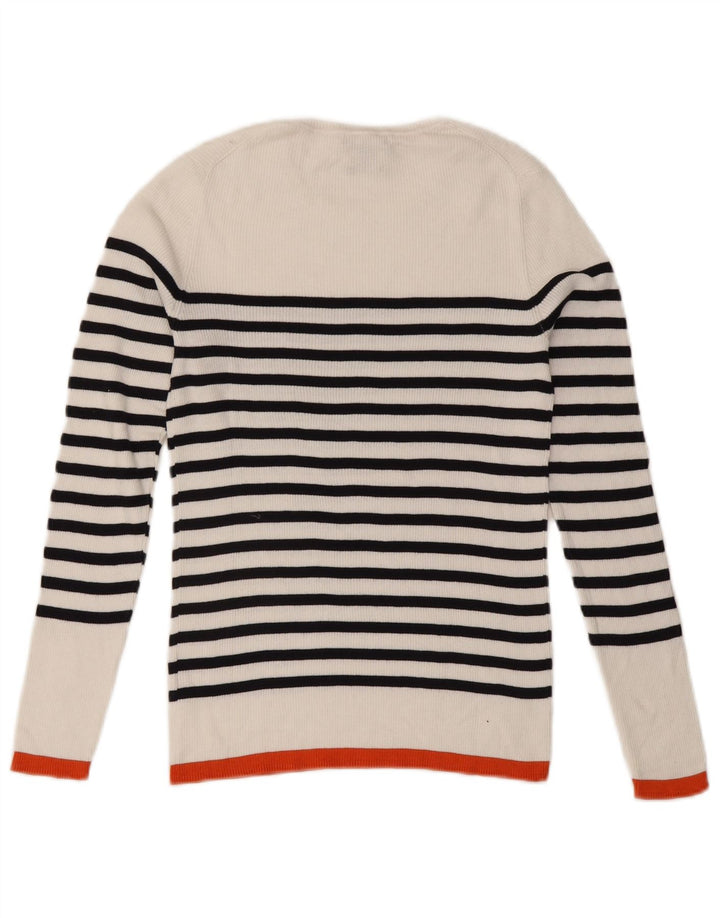 Suéter feminino Massimo Dutti com gola canoa Reino Unido 12 listrado branco médio