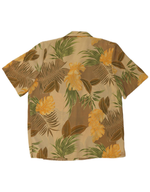 Camisa feminina vintage de manga curta UK 16 grande poliéster floral bege