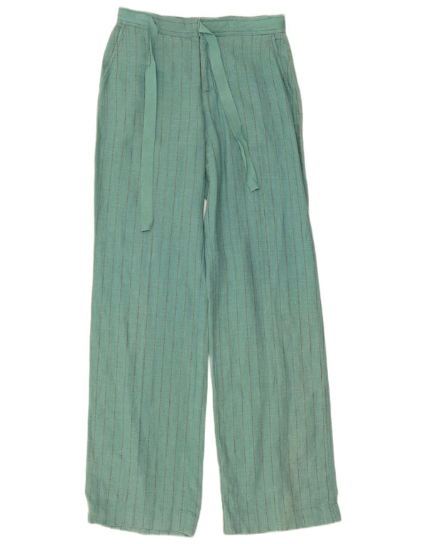 Calças Chino femininas vintage de perna larga W29 L34 Linho listrado turquesa