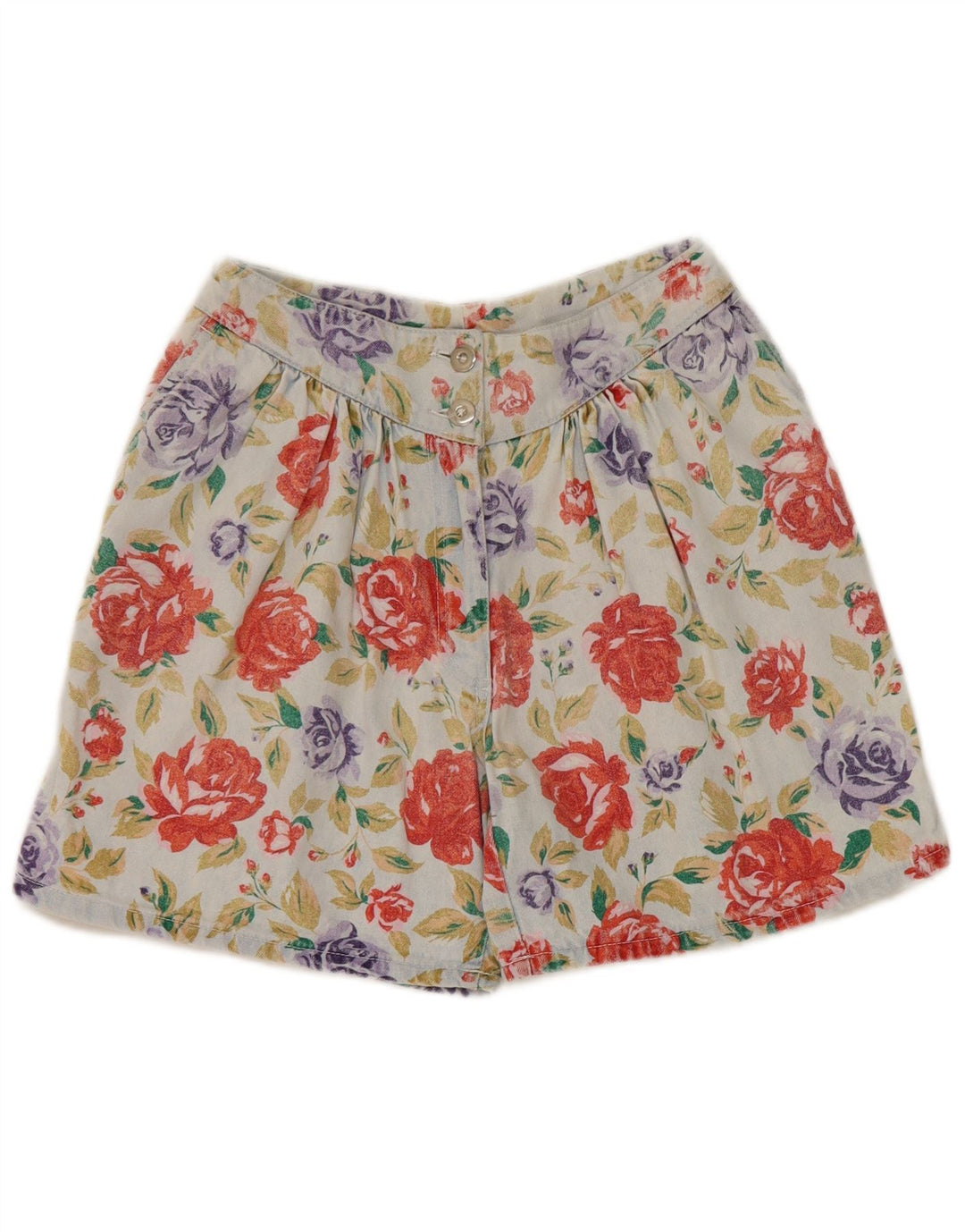 Shorts jeans feminino vintage com pegged IT 40 pequeno W25 floral multicolorido