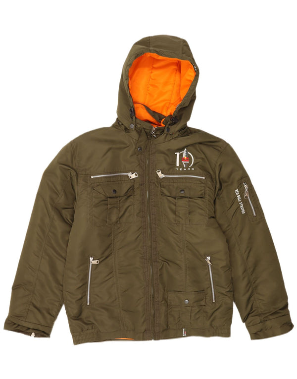 Jaqueta acolchoada com capuz gráfico masculino vintage UK 44 2XL Khaki Nylon