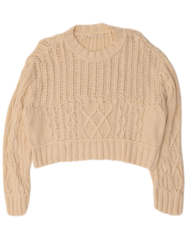 Zara Suéter feminino cropped superdimensionado com gola redonda Reino Unido 14 médio bege