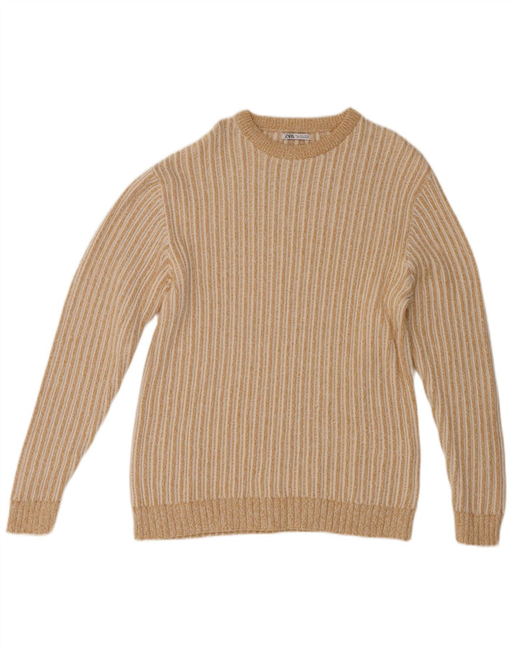 Suéter masculino ZARA com gola redonda e algodão listrado bege grande