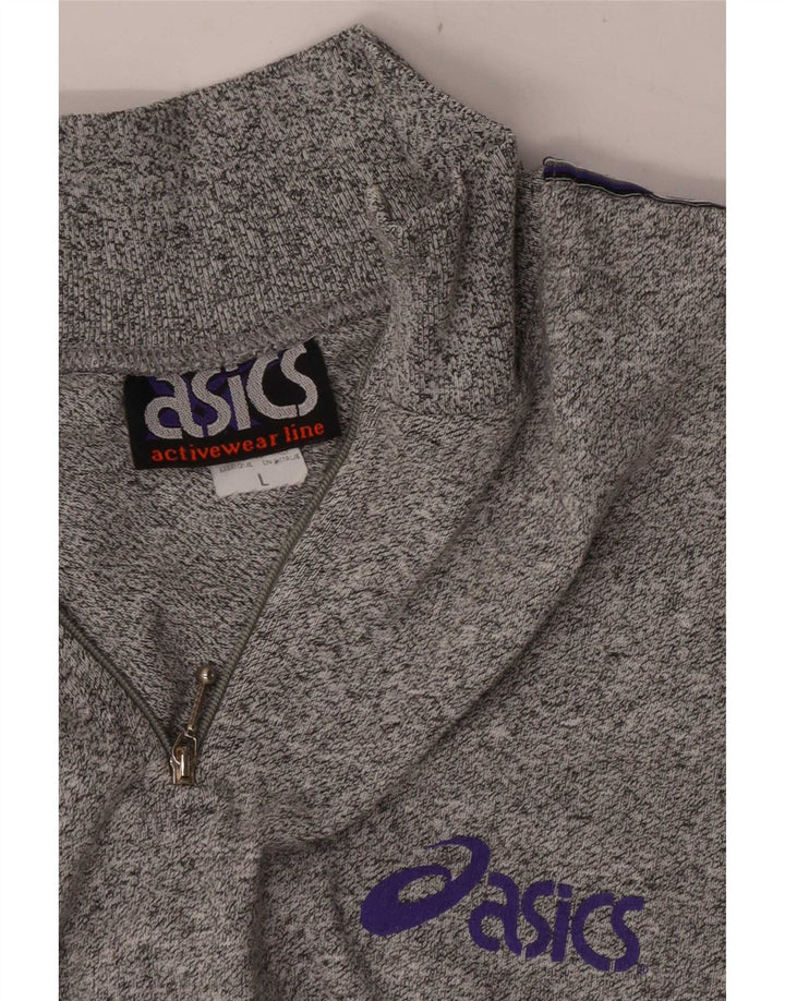 Suéter masculino Asics Graphic Zip Neck moletom grande cinza manchado de algodão