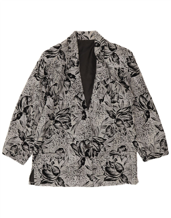 Jaqueta blazer feminina vintage com 1 botão Reino Unido 14 médio preto floral
