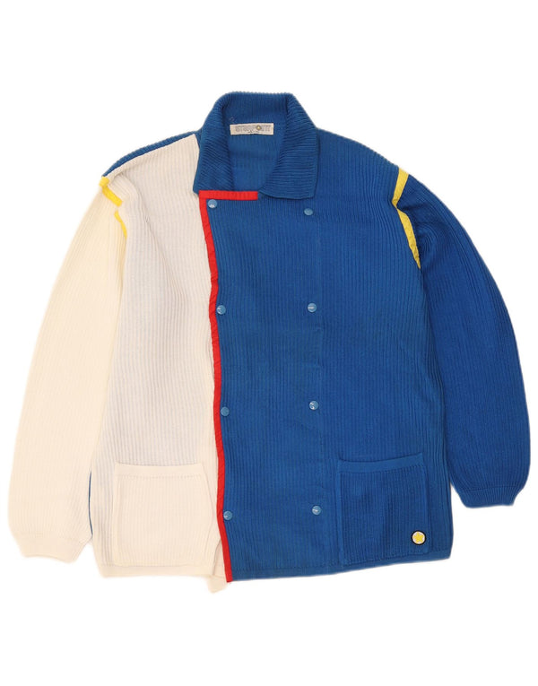 Suéter cardigã masculino vintage grande algodão colorblock azul