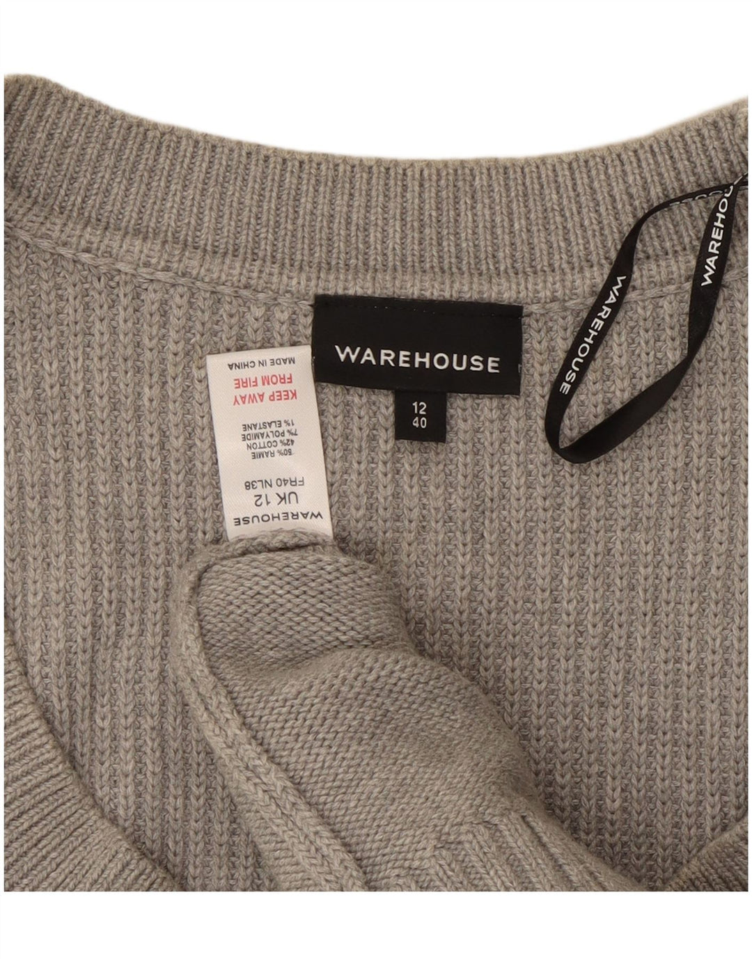 Suéter feminino WAREHOUSE manga 3/4 com gola canoa Reino Unido 12 cinza médio
