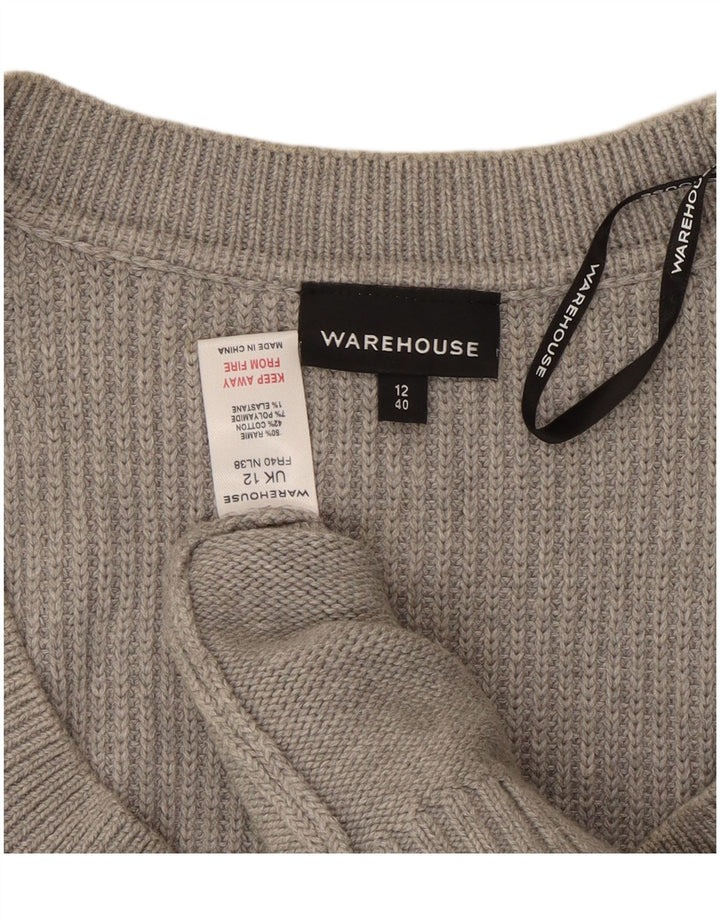 Suéter feminino WAREHOUSE manga 3/4 com gola canoa Reino Unido 12 cinza médio