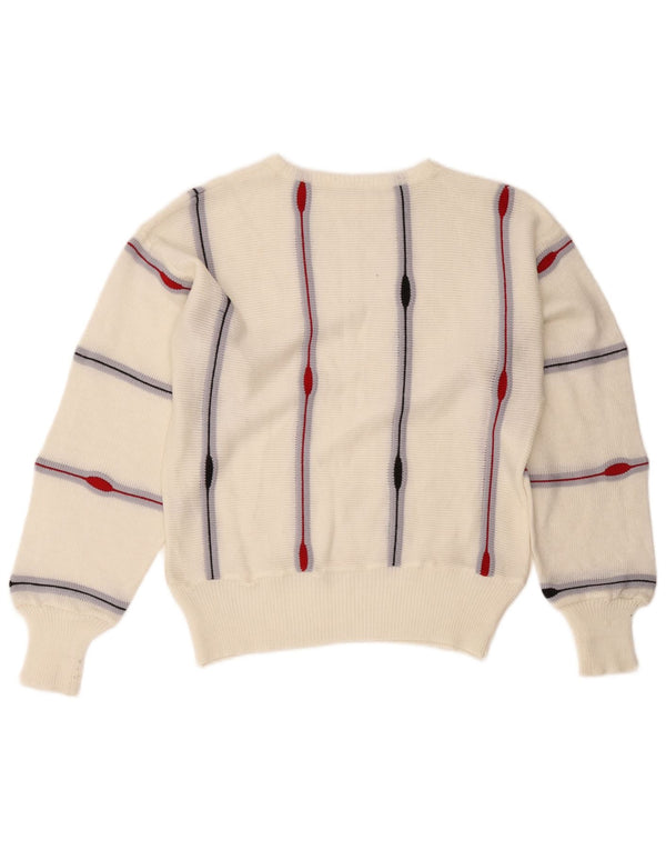 Suéter feminino vintage com gola canoa UK 14 listrado branco médio