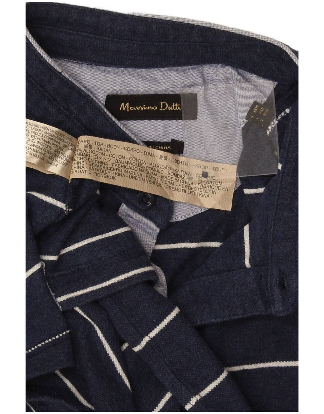 Camisa polo masculina Massimo Dutti grande algodão listrado azul marinho