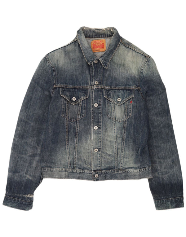Jaqueta jeans masculina Replay Acid Wash angustiada Reino Unido 44 2XL algodão azul