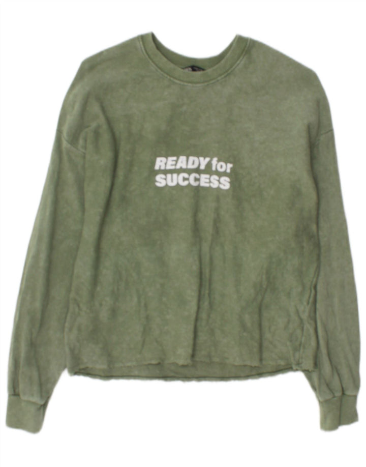 Zara moletom gráfico feminino jumper UK 14 algodão verde médio
