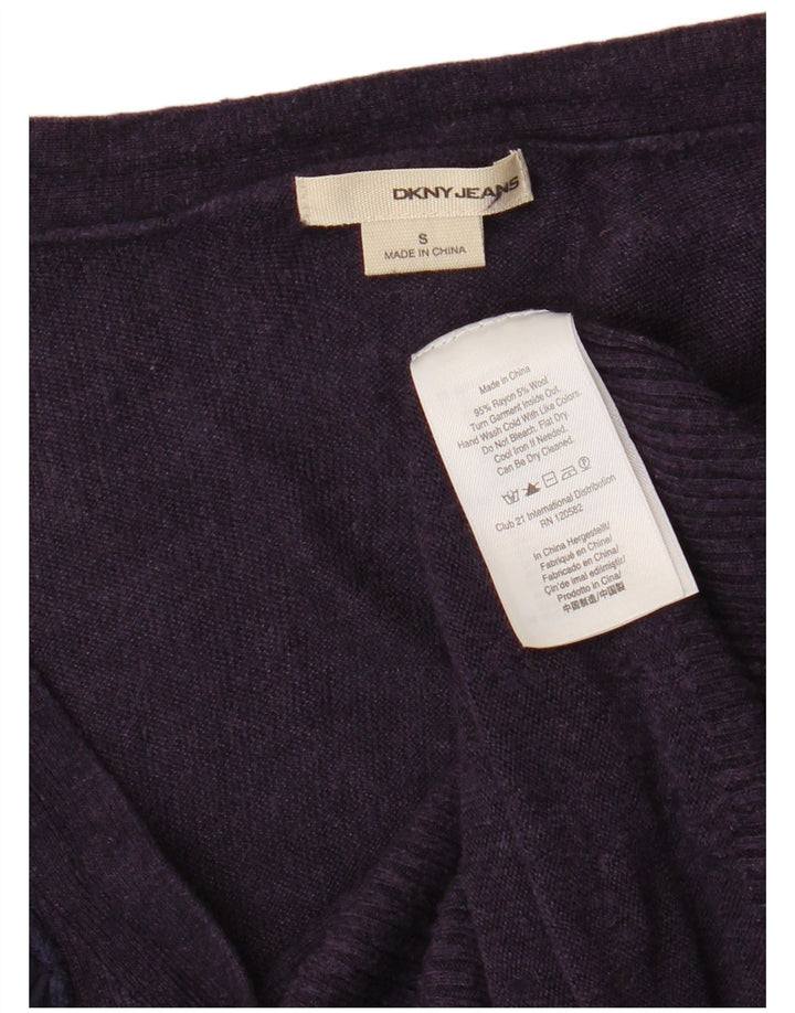 Suéter cardigã feminino Dkny com babados na frente Reino Unido 8 pequeno rayon roxo