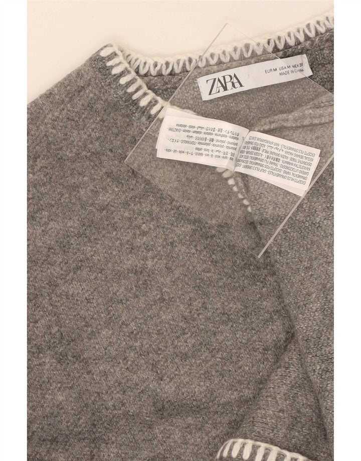 Suéter feminino Zara com decote em V superdimensionado Reino Unido 12 lã cinza médio