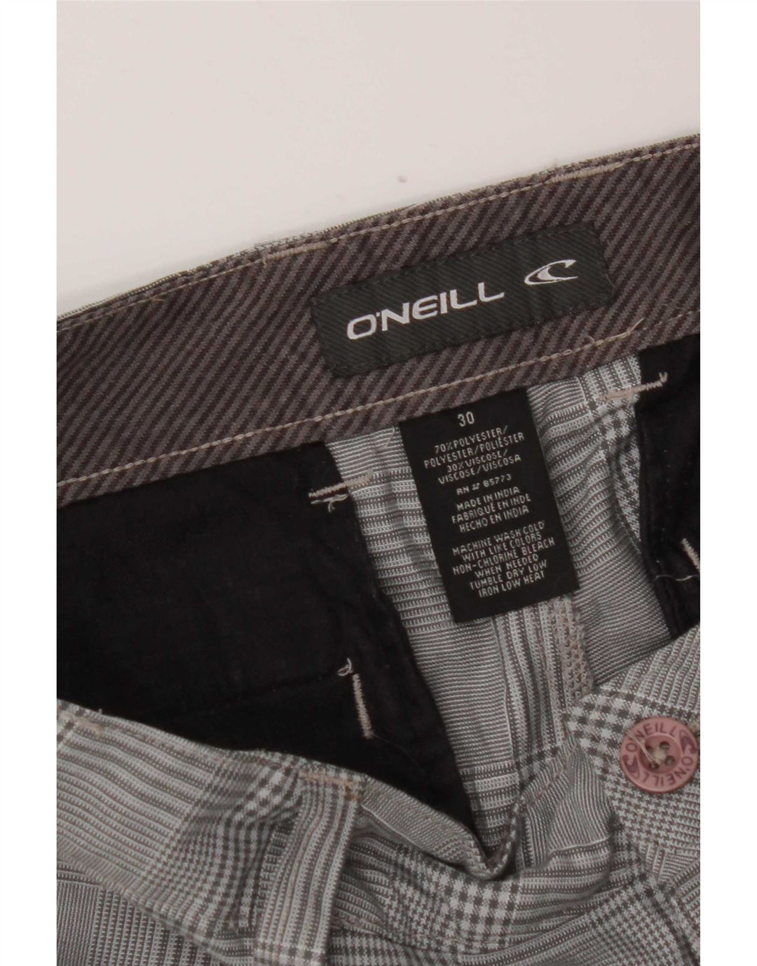 Shorts Chino feminino O'Neill W30 poliéster xadrez cinza médio