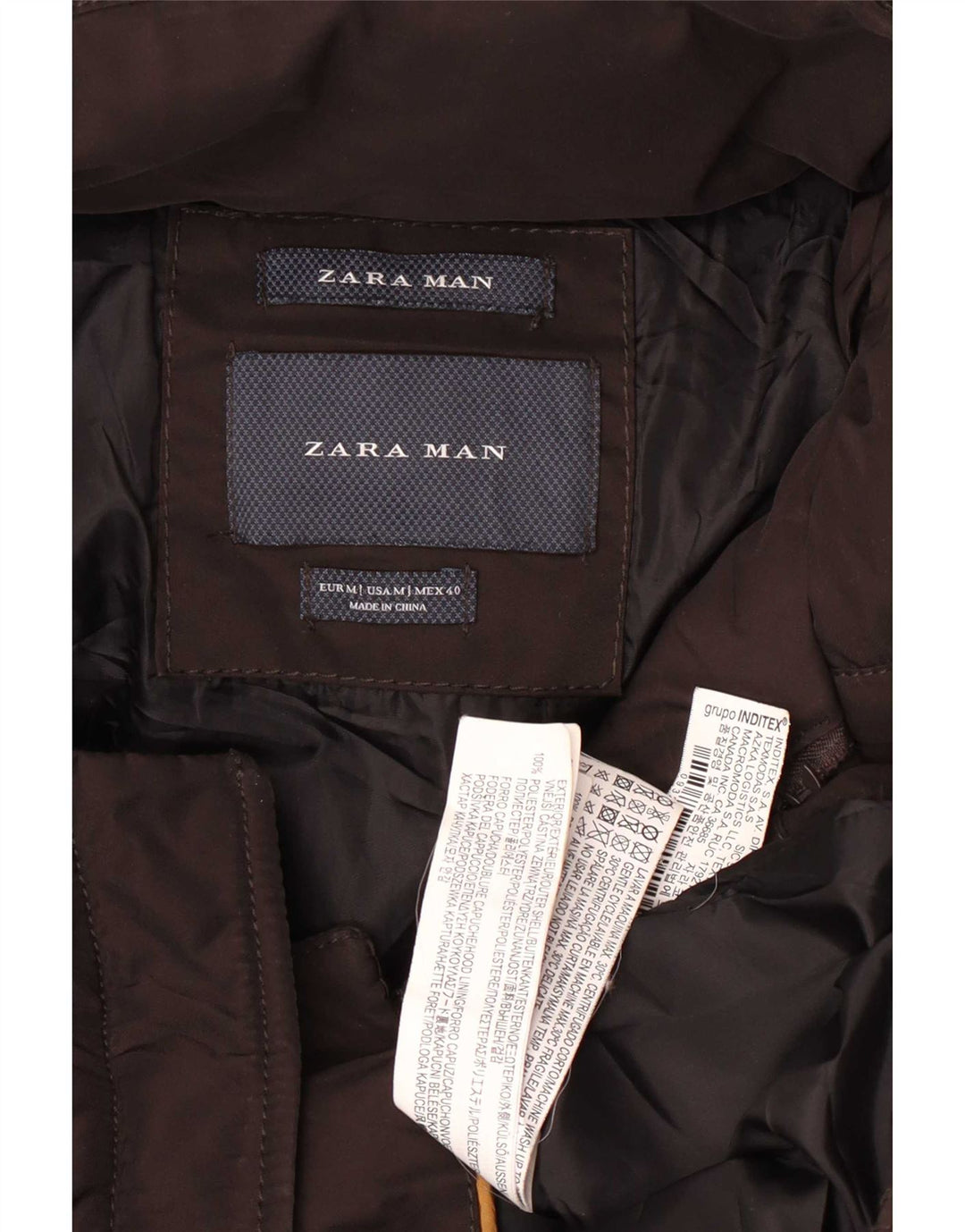 Jaqueta acolchoada com capuz masculina Zara UK 38 poliéster marrom médio