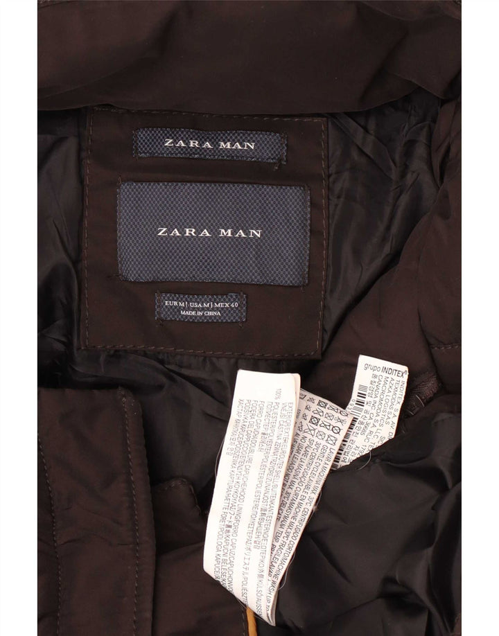 Jaqueta acolchoada com capuz masculina Zara UK 38 poliéster marrom médio