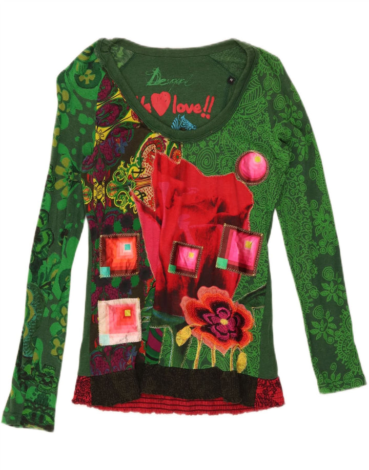 Top gráfico feminino Desigual manga comprida UK 14 algodão verde médio