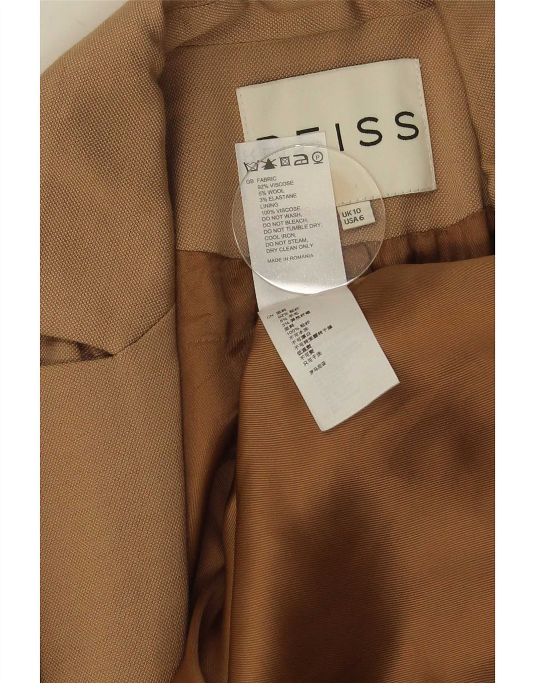 Jaqueta Blazer Feminina Reiss com 1 Botão Reino Unido 10 Viscose Bege Pequena