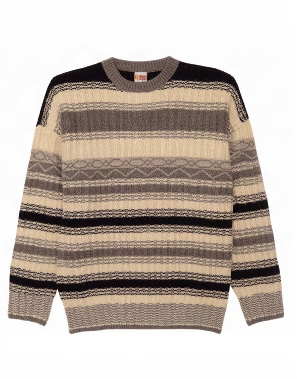 Suéter vintage masculino com gola redonda listrado cinza grande