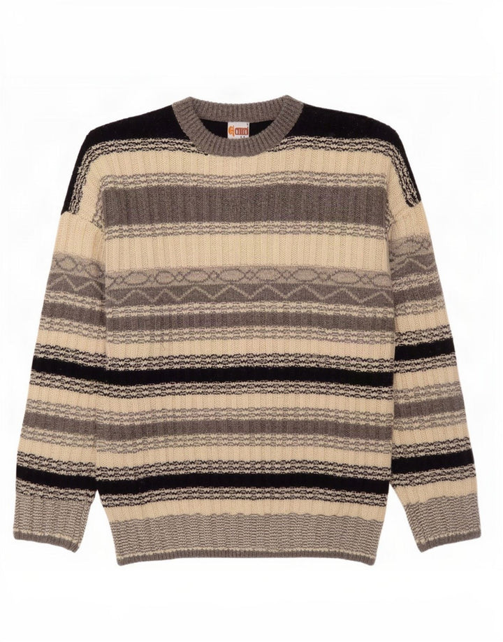 Suéter vintage masculino com gola redonda listrado cinza grande