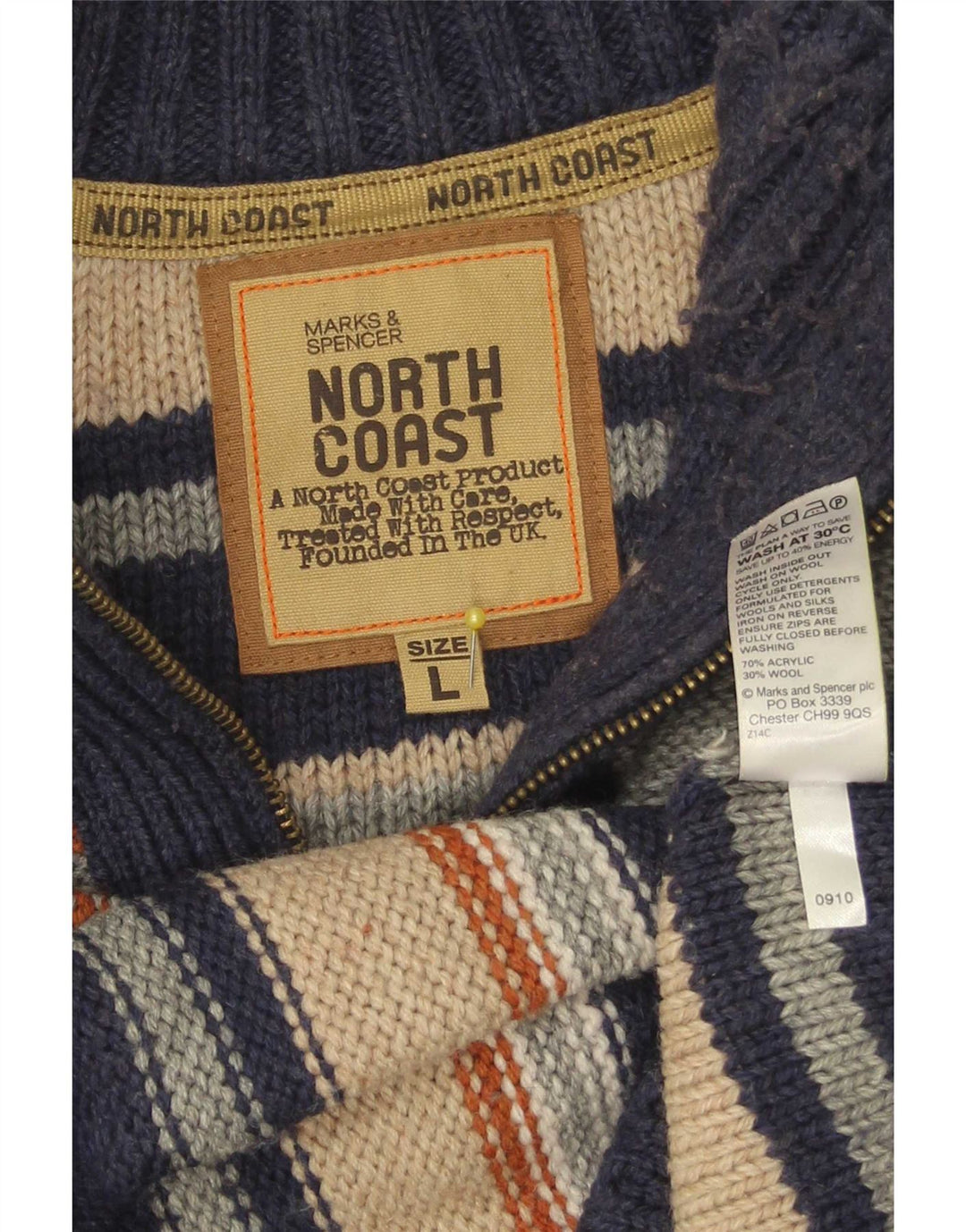 Suéter masculino Marks & Spencer North Coast com zíper e gola grande azul marinho