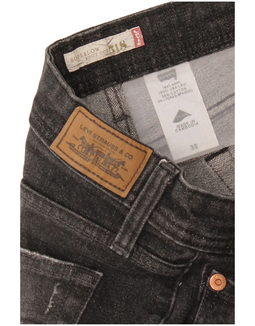 Jeans feminino Levi's 518 Super Low Bootcut US 3 pequeno W30 L29 algodão cinza