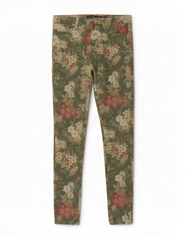 Zara Womens Trafaluc Skinny Jeans EU 34 2XS W24 L30 Verde Floral Algodão