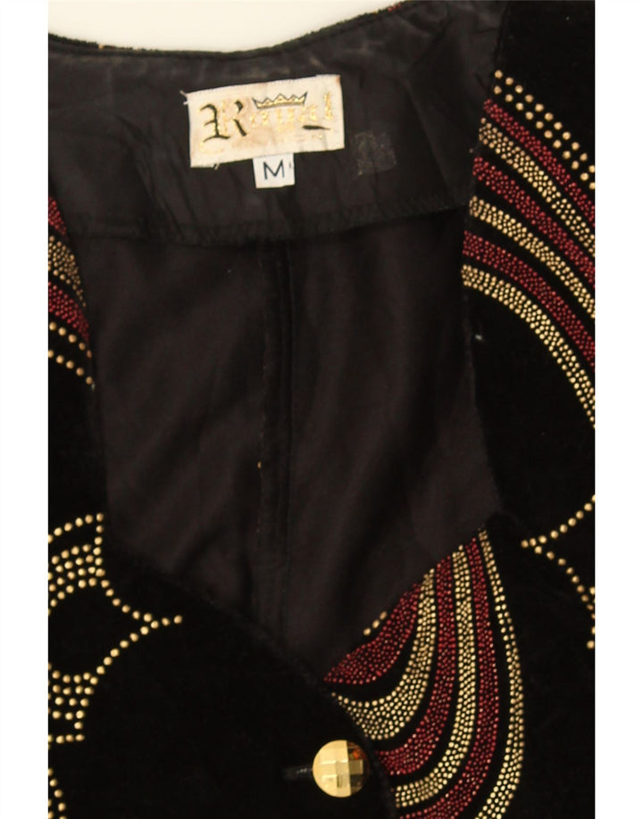 Cardigan feminino vintage de veludo com padrão abstrato UK 12 preto médio