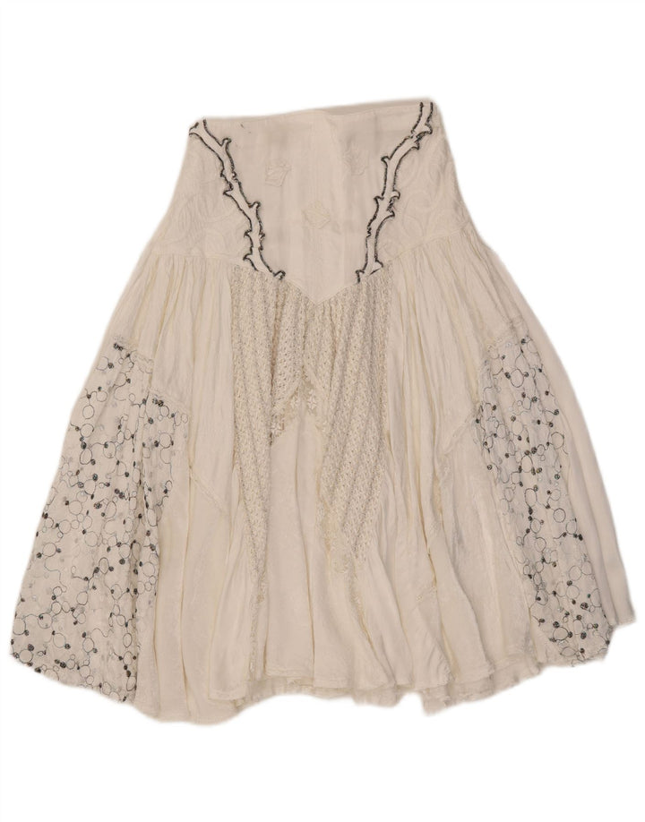 Saia larga feminina vintage W27 pequena viscose floral branca
