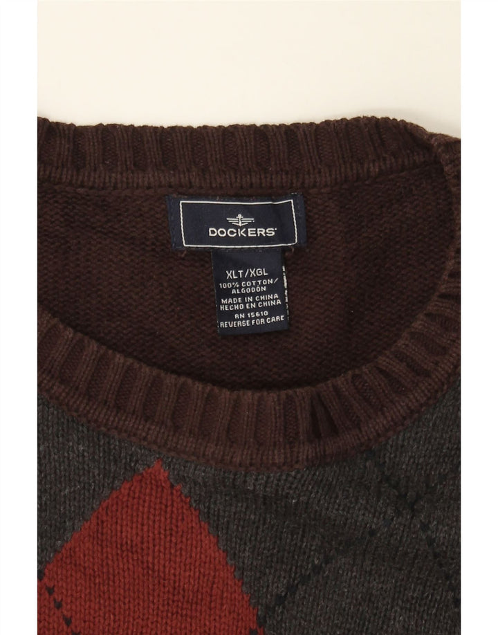 DOCKERS Mens Crew Neck Jumper Sweater XL Brown Argyle/Diamond Cotton Vintage Dockers and Second-Hand Dockers from Messina Hembry 