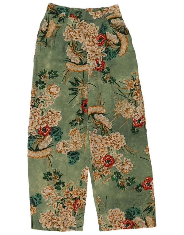 Zara Calça feminina casual de perna larga pequena W26 L30 poliéster floral verde
